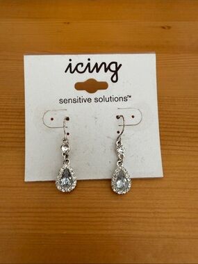 2/$7- Icing Silver Teardrop Crystal Dangle Earrings with Clear Stones